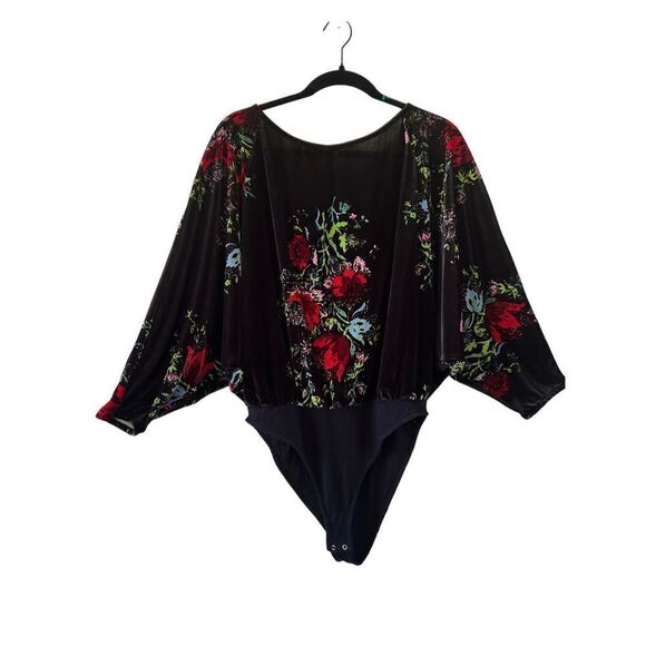 Free People Intimately Floral Dolman Sleeve Velvet Bodysuit Black Medium - Picture 1 of 9